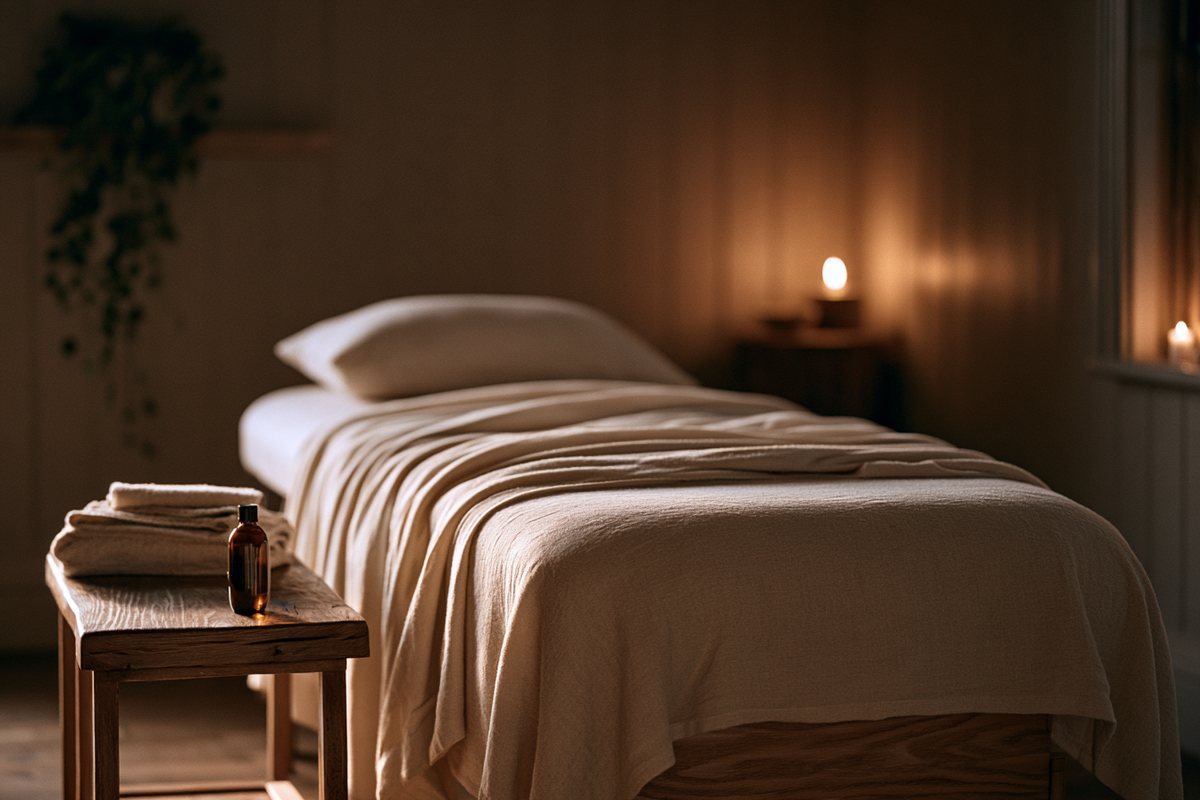 A treatment room at Synergy: a made-up massage table under low warm light, with folded towels and a bottle of oil on a wooden bench beside it